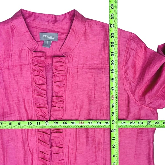 Chico’s Linen Blend Jacket Pink Ruffle Trim Open Front 3/4 Sleeve Blazer - Picture 10 of 12